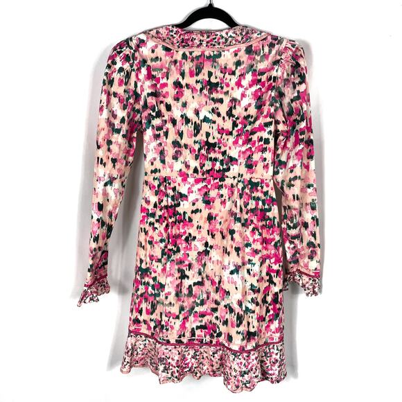 Rococo Sand Mimi Wrap Dress Print Pink Ruffle Long Puff Sleeve V-Neck Sz L - Picture 12 of 12